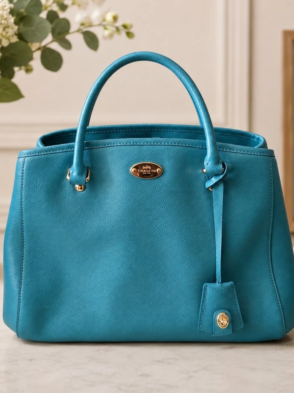Coach Turquoise Blue Pebbled Leather Tote Satchel Gold Hardware Shoulder Bag